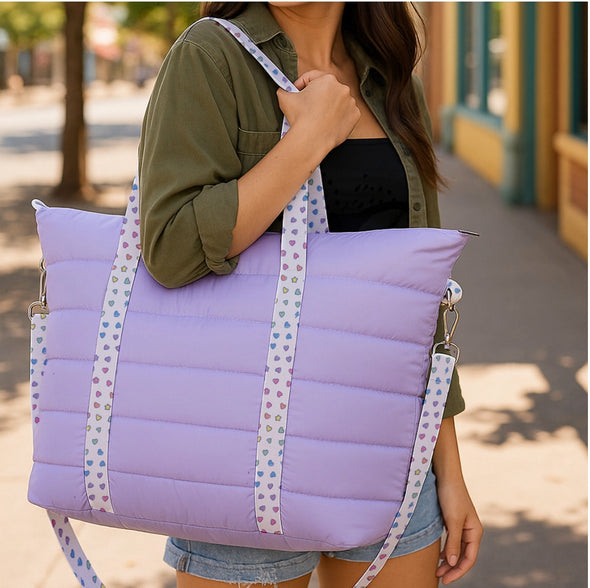 Lilac Puffer Tote Weekender with Multi Heart Straps