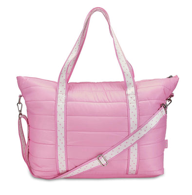 Pink Puffer Tote Weekender with Heart Straps