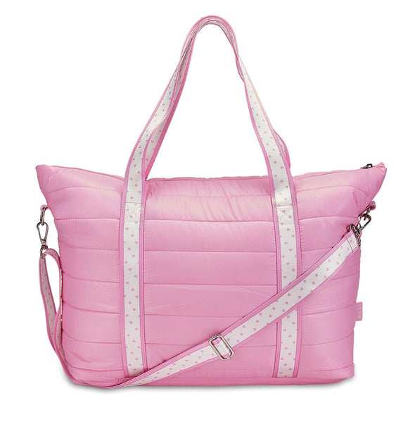 Pink Puffer Tote Weekender with Heart Straps