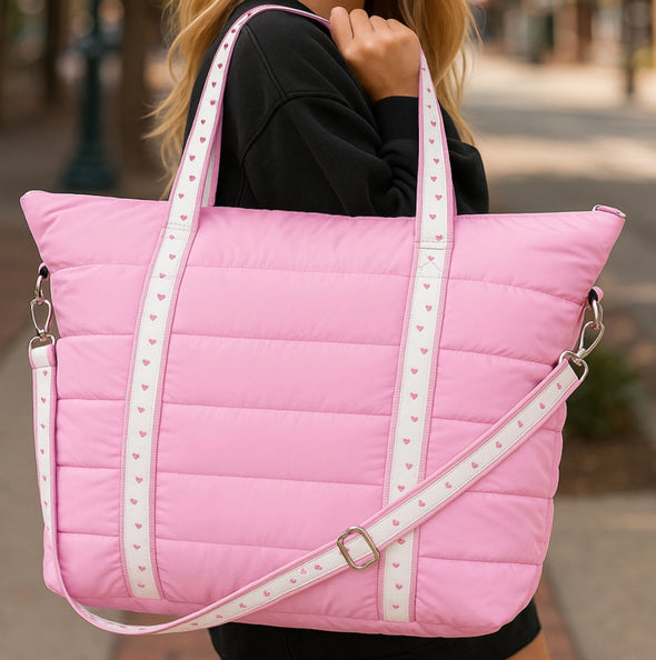 Pink Puffer Tote Weekender with Heart Straps